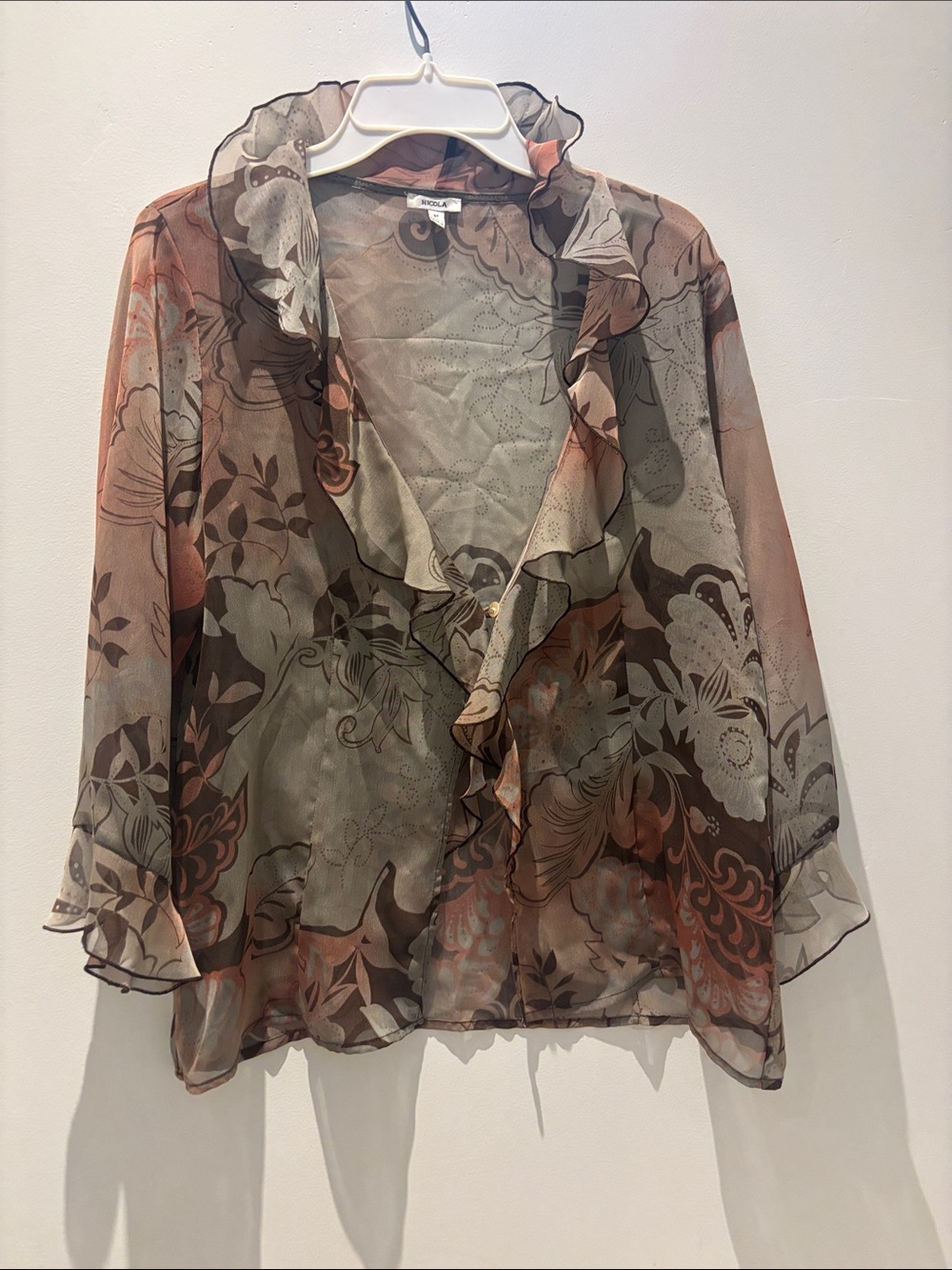 NICOLA Sheer Floral Ruffle Blouse in Olive and Rust Tones
